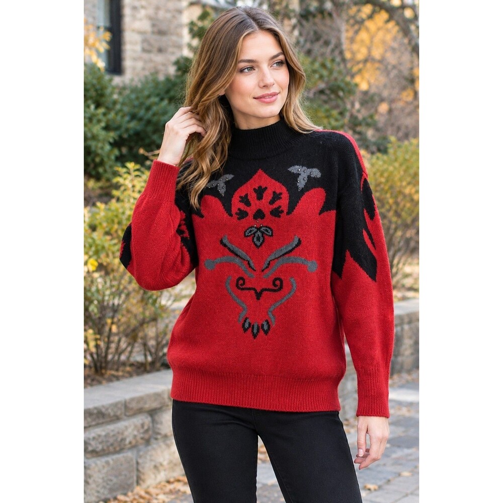 Vtg L'Ultima Designer Collection Red Black Gray Nordic Pattern Sweater M
